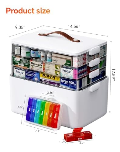 LEGUO 4-Tier Medicine Cabinet Organizer with Leather Handle, Empty Plastic First Aid Kit, Multipurpose Storage Box with A Portable Weekly Pill Organizer for Family Emergencies, Home - Thumbnail 2