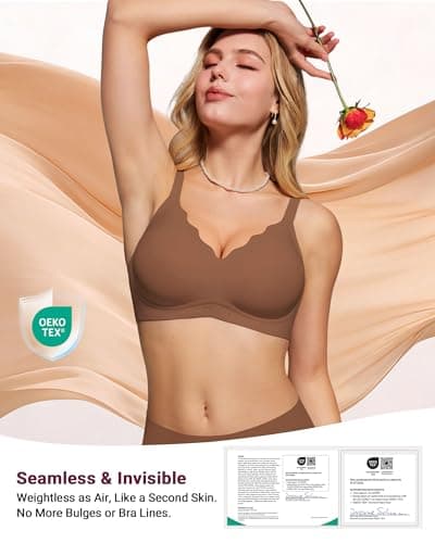 As Fairy Wireless Bras for Women No Underwire Full Coverage Jelly Lift Strong Support Push Up Scalloped Everyday Tshirt Bra Seamless Soft Daily Wear Breathable Air Hole Design(Brown 42DD) - Thumbnail 5