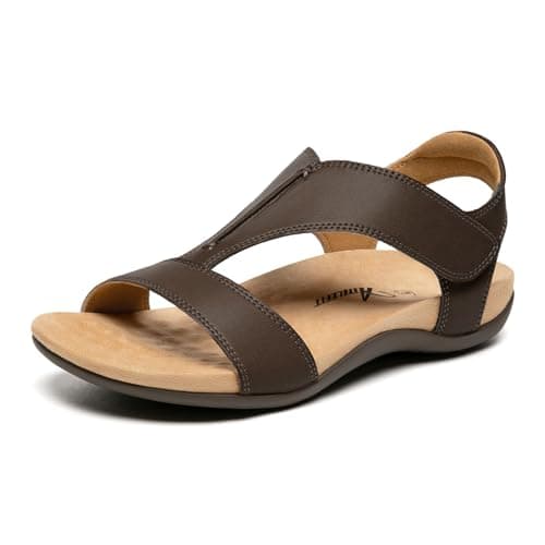 Athlefit Brown Orthopedic Sandals for Women Comfortable Orthotic Flat Sandals with Adjutable Strap for Summer Beach Casual Walking 9 - Image 1