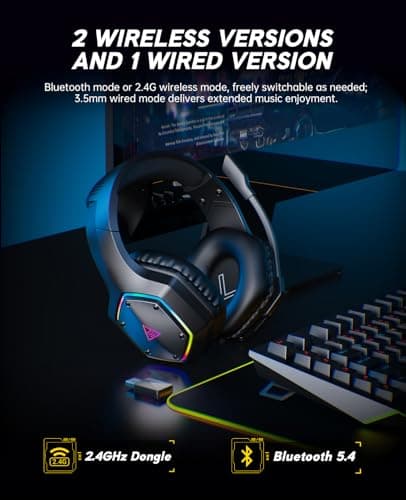 EKSA 2.4GHz Wireless Gaming Headset for PS5,PS4,PC,Switch,Mobile,Mac, Bluetooth Gaming Headphones with ENC Microphone, RGB, 20ms Latency, 120H Battery, 7.1 Surround Sound, 3.5mm Cable Black Silver - Thumbnail 2