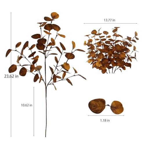 siqifloral 4PCS 23.62" Autumn Brown Metallic Artificial Eucalyptus Stems Real Faux Eucalyptus Leaves for Fall Home Decor, Thanksgiving Centerpiece Christmas Living Room Vase Decoration - Thumbnail 2