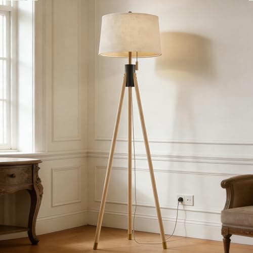 Mid Century Modern Tripod Floor Lamp, Gold Accented Two-Tone Solid Wood Floor Lamp with Black-Finished Solid Wood Center, Linen Shade & Pull Chain, Tall Lamp for Living Room Bedroom Reading Corner - Image 1