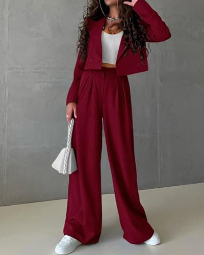 KIRUNDO Business Casual Outfits for Women 2025 Fall 2 Piece Cropped Blazer Jackets Wide Leg Pants Suit Sets Work Clothes(Wine Red, Large) - Thumbnail 3