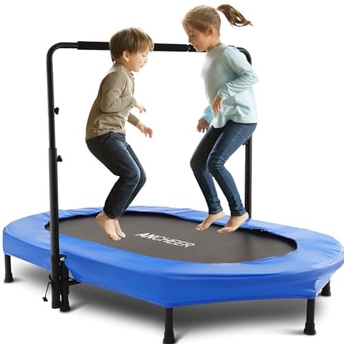 ANCHEER Trampoline for Kids, 56" Double Toddler Trampoline with Adjustable Handlebar, 220LBS Weight Capacity - Indoor/Outdoor Foldable Jumper for 2+ Users (ASTM Certified)