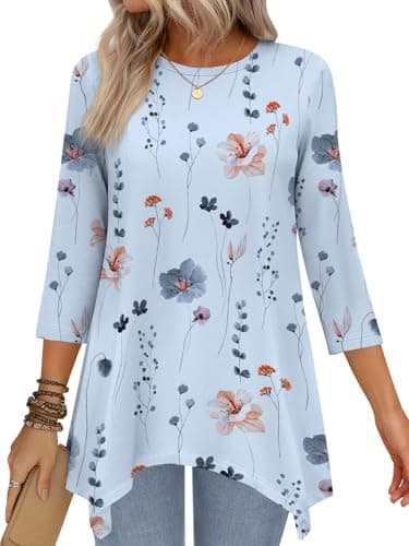 JUSTFASHIONNOW Tunic Tops for Women Loose Fit Dressy Casual 3/4 Length Sleeve Womens Fall Plus Size Tops Ladies Floral Clothing（Sky Blue，XX-Large - Image 1