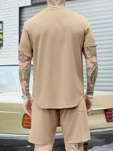 JEMLDL Mens 2 Piece Summer Outfits Short Sleeve Shirt and Shorts Loungewear Sets Casual Comfortable Travel Tracksuit Taupe M - Thumbnail 3