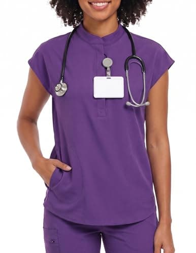 VECARDI Women's Scrub Top Zip Front Stretch Short Sleeve Nurse Uniform Shirt with Pockets Badge Loop Dark Purple - Image 1