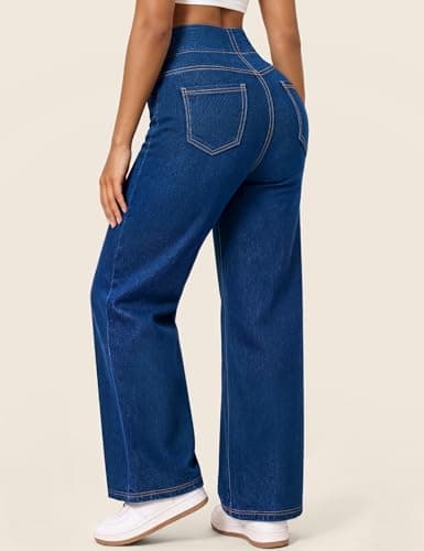 AVAMO Stretchy Wide Leg Jeans for Women Baggy Pull On High Waisted Jeans Elastic Sweatpant Jean Trendy Straight Denim Pants - Thumbnail 2