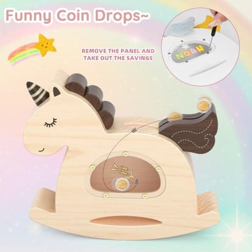 Summidate Unicorn Piggy Bank for Kids Girls,Wooden Rocking Horse Money Banks for Toddlers,Unbreakable Wood Coin Saving Box, Personalized Present Toys for Child Birthday & Decor (Naturl, Standard) - Thumbnail 3
