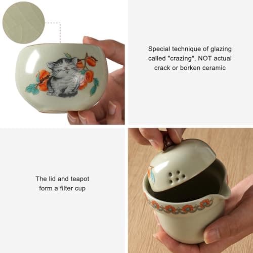 Mini Tea Cups,Cute Lucky Cat Cups,Small Tea Mugs,Porcelain Gongfu Tea set with 3 in 1,Tea Sets for Adults,Ceramic Tea Infuser Cup for Loose Leaf for Women/Tea Lovers/Birthday/Mother's Day (Green) - Thumbnail 5