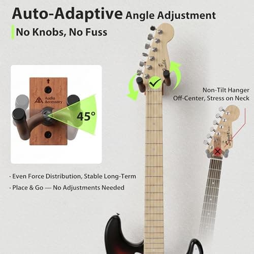 AA AUDIO ACCESSORY Guitar Wall Mount Nitro-Safe Soft Padded Hook, Auto Adjustable Angle Guitar Hanger, Wood Guitar Wall Hangers U-Shape Holder for Bass Acoustic Electric Guitar Mandolin Banjo Ukulele - Thumbnail 3