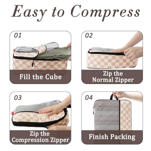 U+U 6 Set Compression Packing Cubes - Ultralight Travel Organizers with Laundry Bag, Space-Saving Suitcase Organizer for Travel, Business Trip and Family Vacation (Khaki Checkered) - Thumbnail 4