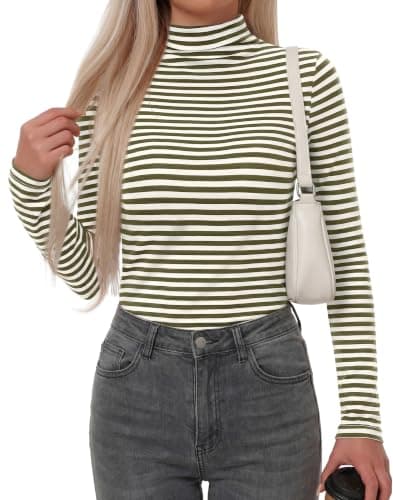 BTFBM Long Sleeve Shirts for Women Turtleneck Striped Shirt Lightweight Basic Thermal Underwear Tops 2026 Fall Fashion(Army Green White, X-Large) - Image 1