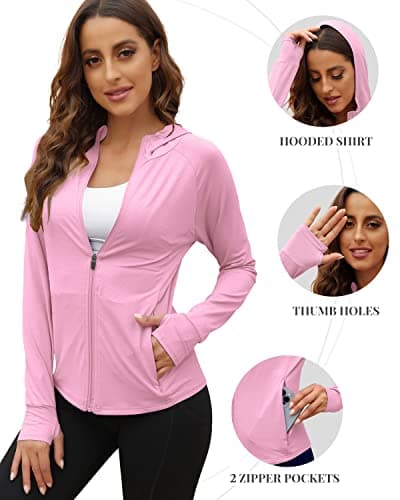 We1Fit Women's UPF 50+ Sun Protection Jacket Hooded Zip Up SPF Shirts Long Sleeves Pink - Thumbnail 4