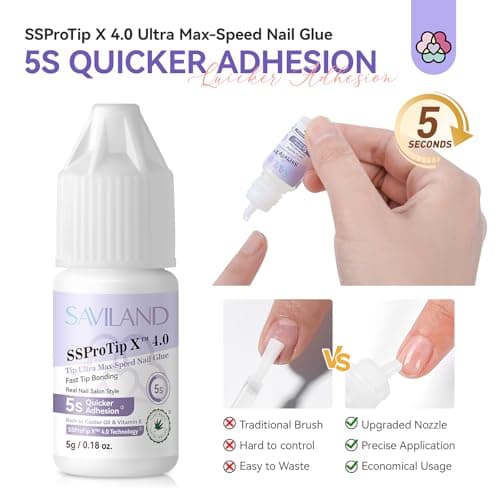 SAVILAND Nail Glue for Press Ons: 5S Fast-Drying Acrylic Nail 0.18 Oz. Nail Tip Extra Strength Nail Gel Glue Castor Oil Vitamin E Hypoallergenic Long Lasting for Fake Nail Tips No Cure Salon - Thumbnail 2
