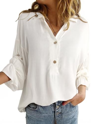 Astylish Women's Dressy Casual Blouses Business Work Linen Spring Summer Tops Plus Size Clothes Beach Trendy Long Lantern Sleeve V Neck Button-Down Oversized Henley Shirts White XX-Large - Image 1
