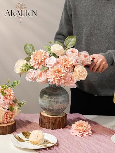 Pink Artificial Flowers Combo, Fake Silk Roses, Dahlias, Chrysanthemum Ball with Stems for Wedding Bridal Bouquets, Baby Shower, Party, Table Centerpieces, Home Decor & DIY Floral Arrangements - Thumbnail 4