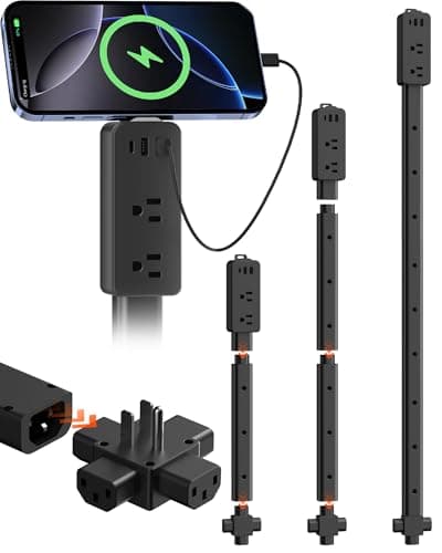 Electrical Outlet Extender Stick Black with 4-Way Flat Plug | Extends 8"-36" | Outlet Extender with 2AC Outlets, 2USB-A & 1USB-C Ports | Socket Expander Access Hard-to-Reach Outlets Bed Sofa Behind
