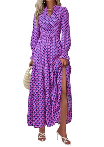 PRETTYGARDEN Women's Floral Maxi Dress 2026 Fall Long Sleeve V Neck A Line Long Flowy Spring Party Boho Dresses (Plaid Blue Pink,XX-Large) - Image 1