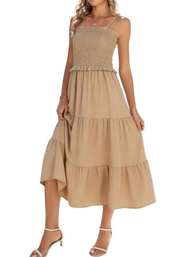 Younrui Womens Summer Maxi Boho Dresses Casual Beach Vacation Sundress Spaghetti Strap Sleeveless Hawaiian Dress(S-1075-Khaki) - Image 1