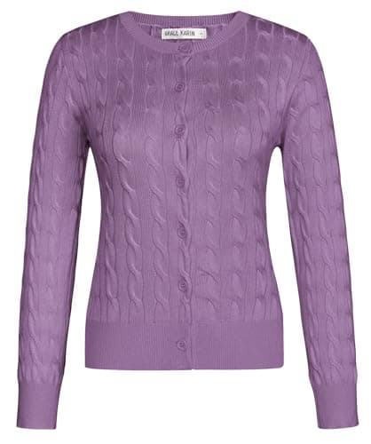GRACE KARIN Womens Button Up Cable Knit Cardigan Long Sleeve Cropped Cardigan Sweaters for Women Lightweight Purple L - Thumbnail 5