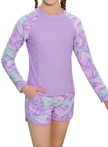 Alakuoti Girls Rash Guard Swimsuit Two Piece Bathing Suit UPF 50+ Sun Protection Long Sleeve Swimwear Size 7 Purple Wave