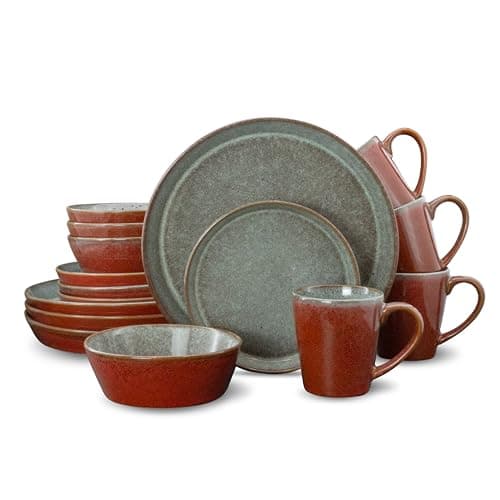 Mimola Stoneware Dinnerware Sets Service for 4, 16 pcs Reactive Glaze Plates and Bowls Sets, Handmade Ceramic Dish Set, Highly Chip and Crack Resistant Modern Plate Set (china red)