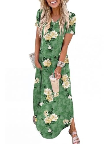 ANRABESS Women’s Summer Maxi Dress V Neck Short Sleeve Slit Side Shirt Dress Loose Fit Travel Beach Dress with Pockets Green Yellow Rose Floral Large