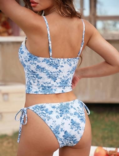 ZAFUL Light Blue Floral Womens Cute Tankini Bathing Suits Gingham Two Piece Tankinis Sets Bow Color Block Swimsuits with Tie Side Bottom - Thumbnail 2