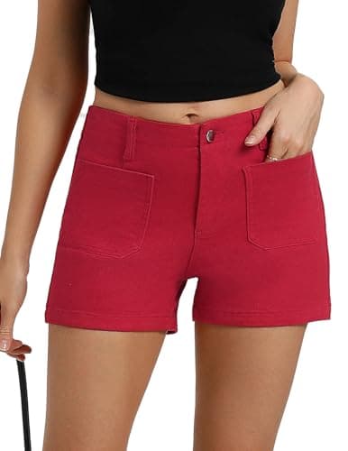 Belle Poque Women Jean Shorts Red High Waisted Micro Cargo Denim Shorts (Red, S) - Image 1