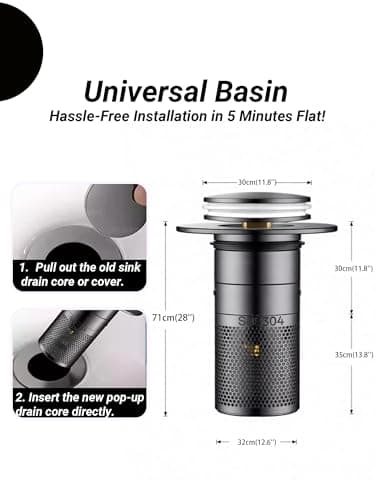 2-Pack Black 304 Stainless Steel Sink Strainer, Pop-Up Click Clack Basin Plug with Anti-Clog Anti-Smell Filter, Tool-Free Installation, Universal Fit for Bathroom Drains - Thumbnail 4