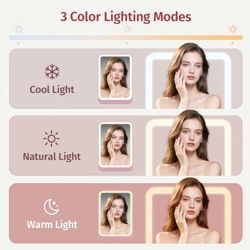 INFOOD Travel Makeup Mirror - Rechargeable LED Vanity Mirror 7.8x5 Inches with 1X/3X Magnifying, 3 Color Dimmable Light, Touch Screen, Foldable Design with Stand, Portable for Travel & Cosmetic, Pink - Thumbnail 4