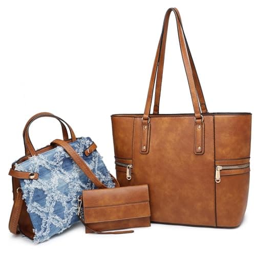 VANSARTO Purses and Handbags for Women Tote Bag Shoulder Bag Top Handle Satchel Purse Set with Wallet Large Work Tote Fashion Handbags 3pcs, Brown/Denim - Image 1