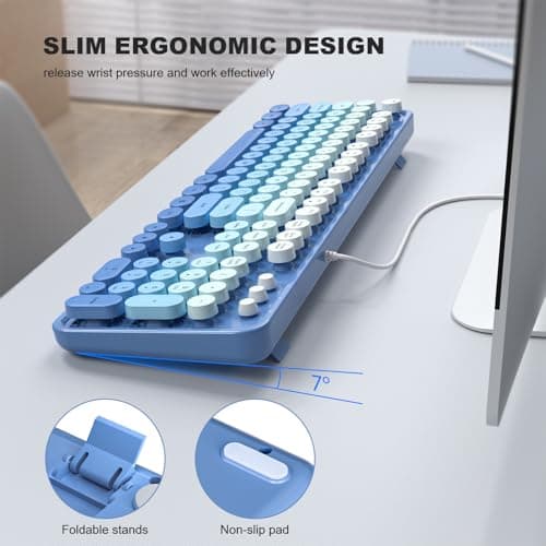 Atelus USB Wired Computer Keyboard - Retro Typewriter Style Full Size Office Keyboard with Number Pad, Caps Indicators, Foldable Stands, for PC Laptop Desktop Windows (Blue) - Thumbnail 3