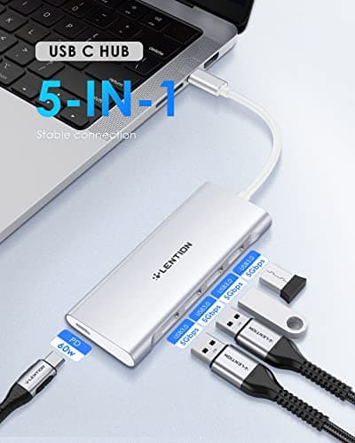 Lention USB C Hub, 5-in-1 USB 3.0 Hub, USB Splitter for Laptop, USB Multiport Adapater Type C Charging Port Compatible with 2025-2016 MacBook Pro/Air, 2026 MacBook Neo, Mac mini, Surface, More(Silver) - Thumbnail 2