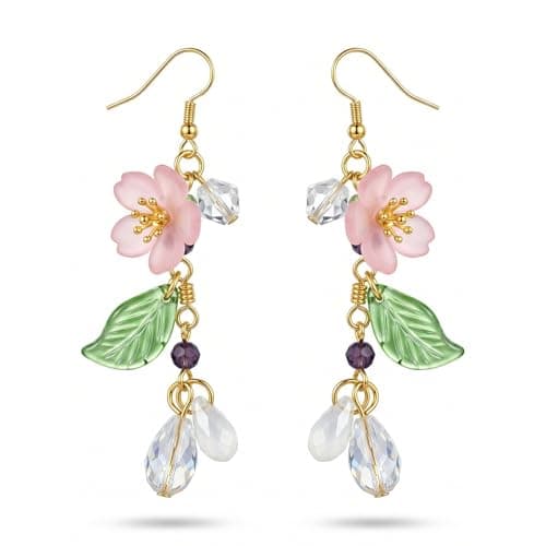 Kruckel Cherry Blossom Earrings for Women, Pink Sakura Flower Dangle Earrings with Green Leaf & Crystal Drop, Lightweight Hypoallergenic Spring Floral Jewelry Gift - Image 1