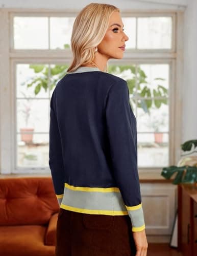 GRACE KARIN Women Color Block Cardigan Long Sleeve Button Down Knit Cardigan for Office Outfits(Contrast Dark Blue,S) - Thumbnail 6