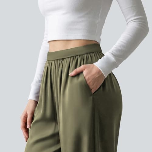 OctMoon Women’s Chiffon Palazzo Pants – Wide Leg Flowy Pants for Women, Lightweight Satin Yoga Pants, Summer Beach & Casual Lounge Pants(Light Green)-XXL - Thumbnail 3