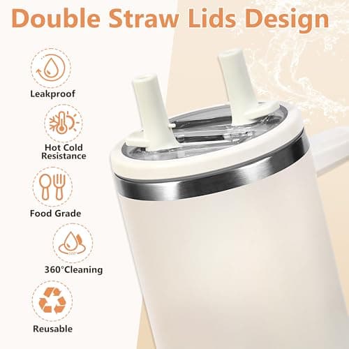 Replacement Straw Lid for Stanley 40 oz Tumbler with Double Straw, Leak-Proof Clear Flip Top Compatible with Stanley Quencher H2.0, 2-Pack, Cream - Thumbnail 6