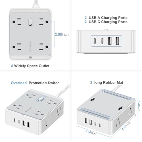 Surge Protector Power Strip, REALMADE 8 AC 4 UAB Power Strip with 950J Surge Protection, Flat Plug Outlet Extender, 10Ft Extension Cord, Wall Mount Desk Charging for Home Office， Gray & White - Thumbnail 2