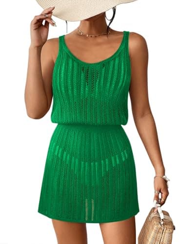 ATHMILE Cover Ups for Swimwear Women Beach Vacation Clothes Bathing Suit Crochet V Neck Swimsuit Spring Summer Knit Dress Green - Image 1