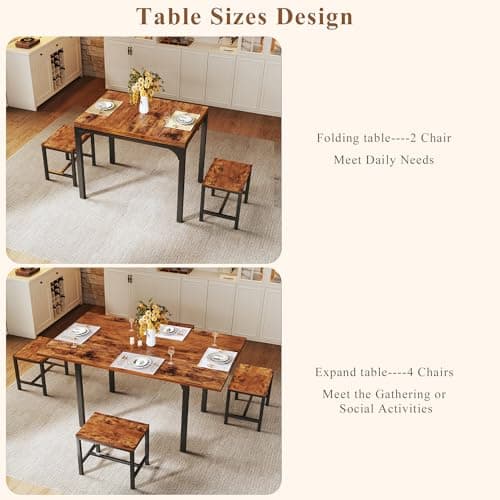 HUAHUU Dining Table Set for 4, Extendable Kitchen Table Chairs Set of 4, Rectangle Dining Table with Metal Frame & MDF Board, Folding for Small Apartment Saving Space, Rustic Brown - Thumbnail 4