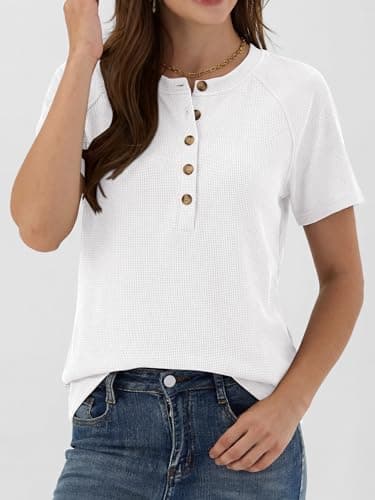 ANRABESS Women Waffle Knit Tops Short Sleeve Henley Shirts Dressy Casual Blouse 2026 Spring Fashion Outfits Trendy Clothes White Mediun - Thumbnail 4