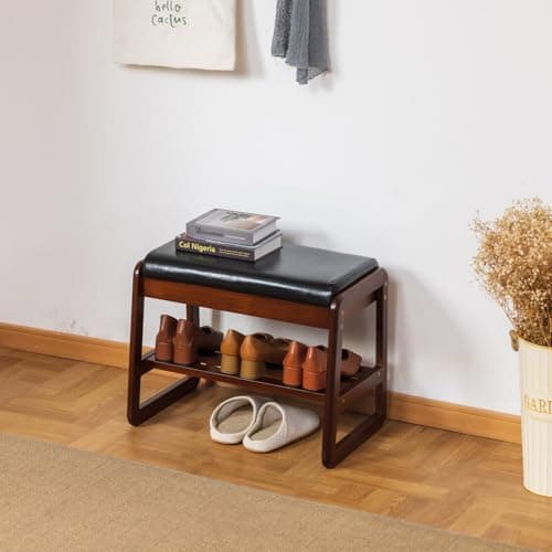 latifolia Solid Wood Bench, Entryway Shoe Bench with Cushion, Flip-Open Storage Compartment, 2-Tier Shoe Organizer(Black,21.65''L) - Thumbnail 2