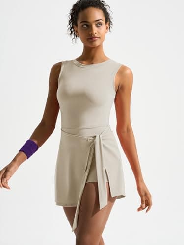 Dokuritu Tennis Dresses for Women Sleeveless Crew Neck Knot Romper Built in Shorts U-Shaped Back Workout Athletic Dress Light Apricot - Thumbnail 5