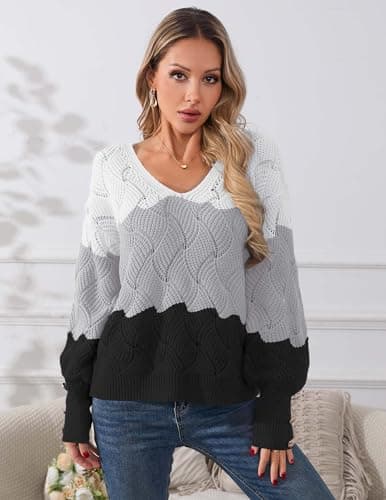 Libsorge Womens Oversized Cute Color Block Button Sweater Spring 2026 Trendy Ladies Dressy Casual Outfits Lightweight Crochet Knit Hollow Out Sexy V Neck Long Sleeve Pullover Sweaters Grey S - Thumbnail 2