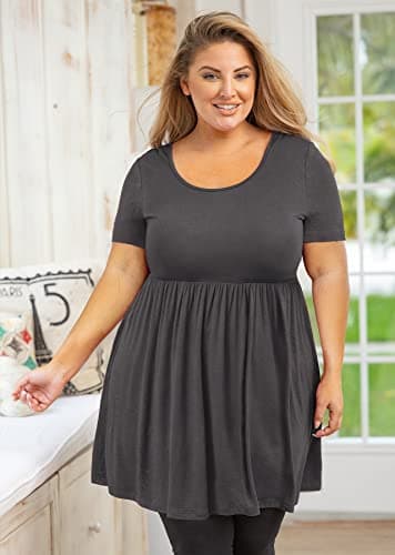 AusLook Women's Plus Size Tunic Short Sleeve Clothes Scoop Neck Summer Tops Pleated Flowy Loose Fit Babydoll T Shirt L-5X, C07-dark Gray, 4X - Thumbnail 2