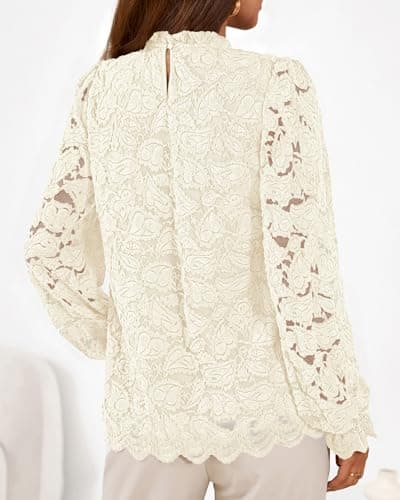 KIRUNDO Lace Tops for Women Dressy Causal 2026 Early Fall Fashion Ruffle Long Sleeve Mock Neck Blouses Shirts(Apricot, XX-Large) - Thumbnail 2