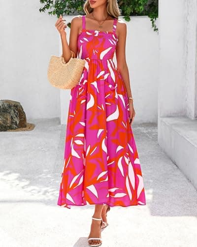 PRETTYGARDEN Womens Summer Dresses 2026 Casual Spaghetti Strap Ruffle Smocked Flowy Floral Spring Maxi Dress with Pocket(Rose Red Orange Floral,Small) - Thumbnail 3