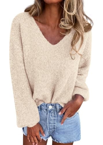 KIRUNDO Sweaters for Women Fall 2026 Oversized V Neck Cozy Cute Casual Long Sleeve Knit Pullover Trendy Winter Clothing(Beige, X-Large) - Image 1